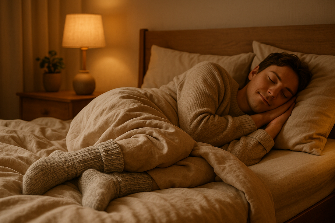person som sover med grå ullsokker