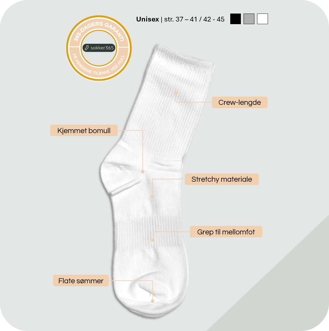 Hvite tennissokker med beskrivelse