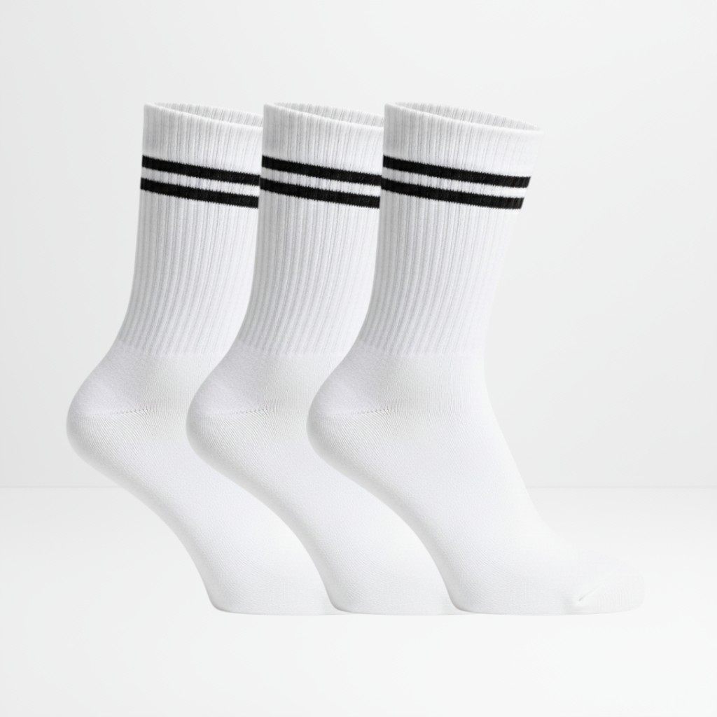 3pk hvite tennissokker med sorte striper